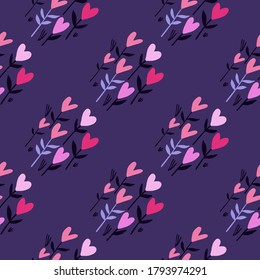 Bright seamless valentine pattern with pink heart flowers. Purple backdrop. Romantiic artwork. Great for wrapping paper, textile, fabric print and wallpaper. Vector illustration.
