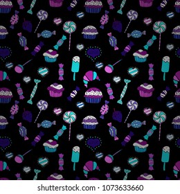 Bright seamless vector confetti party pattern. Colorful sugar sprinkle, candy or bakery design on a black, blue and white background.