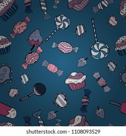 Bright seamless vector confetti party pattern. Colorful sugar sprinkle, candy or bakery design on a blue, neutral and black background.