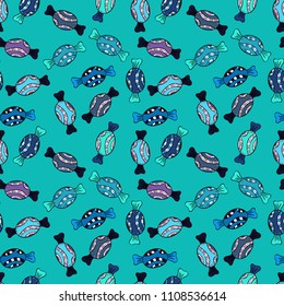 Bright seamless vector confetti party pattern. Colorful sugar candy design on a blue, black and gray background.