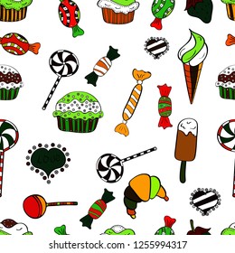 Bright seamless vector confetti party pattern. Colorful sugar sprinkle, candy or bakery design on a white, black and green background.