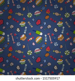 Bright seamless vector confetti party pattern. Colorful sugar sprinkle, candy or bakery design on a blue, black and white background.