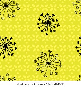 bright seamless vector floral pattern with black abstract flowers on a green-yellow geometric abstract background