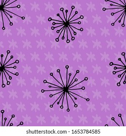 bright seamless vector floral pattern with black abstract flowers on a violet geometric abstract background