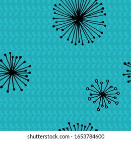 bright seamless vector floral pattern with black abstract flowers on a blue geometric abstract background