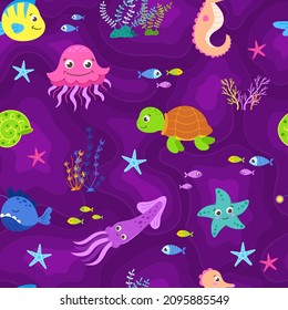 Bright, seamless vector, marine, cartoon fish. Underwater animals. Childish background of stars, octopuses, turtles, seahorses and algae. Underwater world. Background for print, wallpaper, textile.