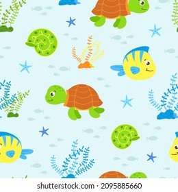 Bright, seamless vector, marine, cartoon fish. Underwater animals. Childish background of turtle, shells, clown fish and algae. Underwater world. Background for print, wallpaper, textiles.