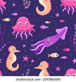 Bright, seamless vector, marine, cartoon fish. Underwater animals. Childish background of octopus, jellyfish, seahorse and seaweed. Underwater world. Background for print, wallpaper, textiles.