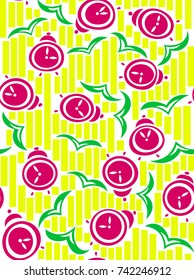 Bright seamless vector pattern with alarm clocks, flying birds and stripes.