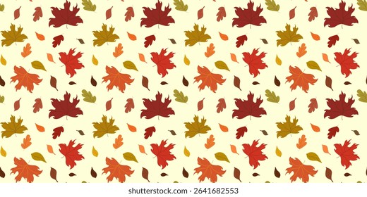 Bright seamless vector pattern of autumn leaves in warm fall colors on a light cream background. Ideal for seasonal designs, fabrics, wrapping paper.