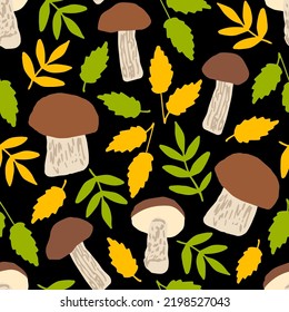 Bright seamless vector pattern. Boletus mushrooms, green and orange leaves on a black background. Forest harvest, plants and nature. For fabric prints, kitchen textiles.