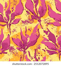 
Brillante patrón de Vector sin fisuras con flores de color rosa dibujadas por pincel sobre un fondo amarillo.