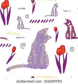 Bright seamless vector pattern with cats and tulips.