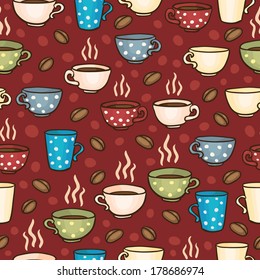 Bright seamless vector pattern with coffee mugs and cups