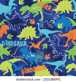 Bright seamless vector pattern, colorful dinosaur on a blue background with a grunge effect, print for textile