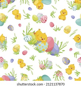 Bright seamless vector pattern with colorful Easter eggs and funny, cute, fluffy, yellow chickens, on a white background.
