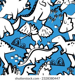 Patrón vectorial brillante sin costuras, dinosaurio colorido sobre un fondo azul con impresión para textil