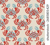 Bright seamless vector pattern with crabs. Red and blue marine animals on light background. Fun ocean-inspired motif in hand-drawn style.
