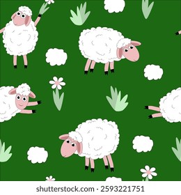 Bright seamless vector pattern. Cute cartoon sheep graze and frolic on a green background. Ideal for design, fabrics, farm product packaging, wallpapers and prints.