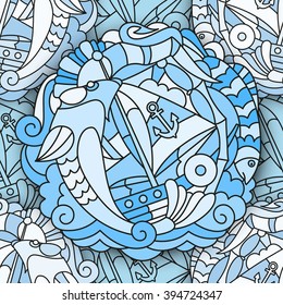 Bright seamless vector pattern with doodles elements in the form of images of fish, fishing items and elements of sea landscape in blue tones.