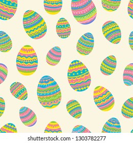Bright seamless vector pattern with Easter eggs. Can be used for wrapping paper, textiles, wallpaper, websites, blogs, scrapbooking, cards