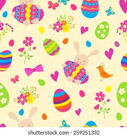 Bright seamless vector pattern with Easter eggs, rabbit, flowers. Ideal for celebration card, wrapping paper, textile, wallpaper, web pages background, scrap booking