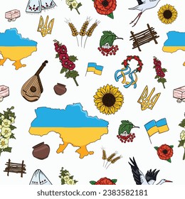 Bright seamless vector pattern with elements and symbols of Ukraine on light background