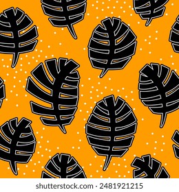 
Bright seamless vector pattern, feathery leaves of tropical plants on a yellow background, black leaves with black and white outlines, white dots