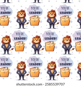 Bright seamless vector pattern featuring a lion in a business suit, a folder with documents, and the motivational phrase You’re a leader  
