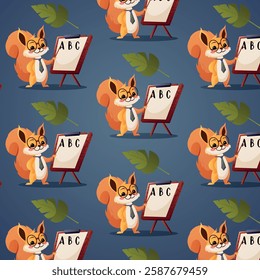 Bright seamless vector pattern featuring a cute squirrel in glasses and a tie, teaching a lesson at a board with ABC written on it  
