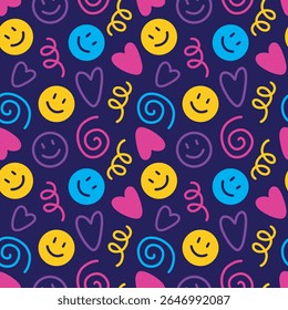 Bright seamless vector pattern featuring hand-drawn spirals, hearts, and smileys in vibrant yellow, purple, pink, and blue. Playful, energetic, and modern design