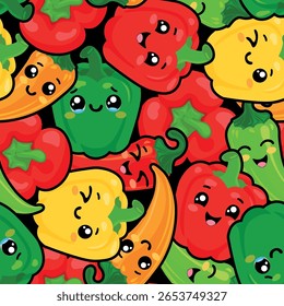 Padrão de vetor sem costura brilhante com sino colorido e pimentas chili com rostos sorridentes adoráveis em um fundo preto Perfeito para crianças impressão de cozinha têxteis embalagem papel de embalagem de alimentos
