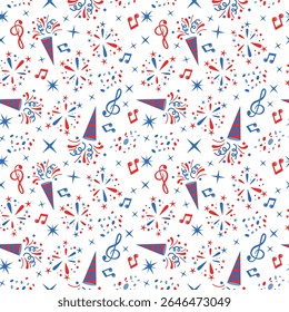 Padrão de vetor sem emenda brilhante com elementos festivos: poppers festa vermelho e azul, confetes, notas musicais, estrelas e fogos de artifício no branco. Fundo alegre para projetos de férias, embrulho de presente ou têxteis.