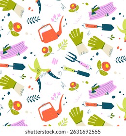 Bright seamless vector pattern of garden tools, watering cans, gloves, and floral elements. Perfect for backgrounds, wrapping paper, textile and nature visuals