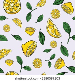 Bright seamless vector pattern for gift paper with fruits and lemon leaves on light background