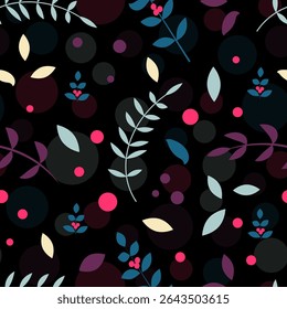 Bright seamless vector pattern. Green, burgundy, yellow branches, leaves and red fruits on a dark background. Ideal for textiles, packaging and printing.