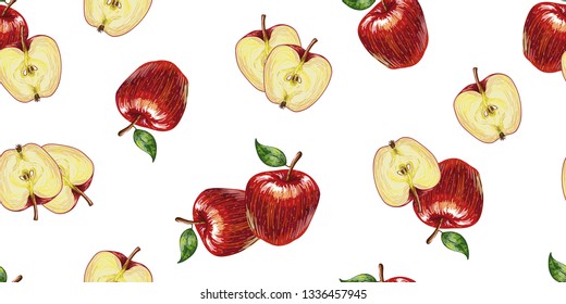 Bright seamless vector pattern with hand-drawn apples. Perfect for fabric, tablecloths, kitchen interior decoration, packaging paper.