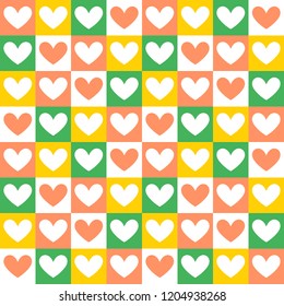 Bright seamless vector pattern with hearts. Multicolored romantic design for surface, textile, cover, greeting card or wrapping paper decoration.