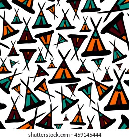 Bright seamless vector pattern with illustrations wigwam. For lovers of Indian tradition. Topic home and rest. It can be used for packaging, invitations, greeting holiday image on a t-shirt, etc.