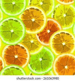 Bright seamless vector pattern with the image slices of lemon, lime, orange. Can be used to design fabrics, wallpaper, wrapping paper.