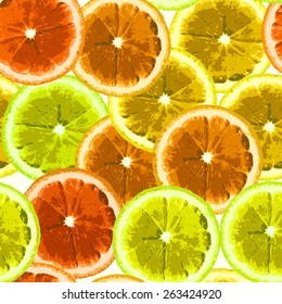 Bright seamless vector pattern with the image slices of lemon, lime, orange. It can be used for design of postcards, stamps. The original print