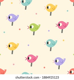 Patrón vectorial brillante sin costura para los niños.  Aves agradables y coloridas con un fondo beige.