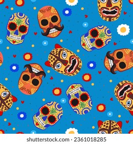 Bright seamless vector pattern with mexican masks on blue background.