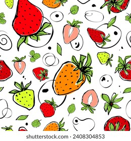 Bright seamless vector pattern with multi-colored stylized strawberries