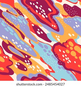 
Bright seamless vector pattern of multi-colored spots and dots. Spots of different shapes at an angle.
