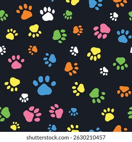 Bright seamless vector pattern with neon-colored animal paw prints on black background for bold pet designs