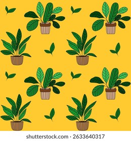 Bright seamless vector pattern with potted green houseplants and scattered leaves. Ideal for eco branding, packaging, and home decor projects.