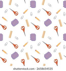 Padrão de vetor sem emenda brilhante com papel de carta escolar no fundo branco. Perfeito para voltar à escola, projetos infantis e visuais de sala de aula.
