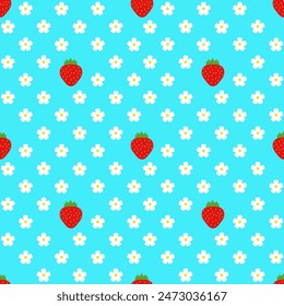 Bright seamless vector pattern with strawberries and flowers on blue background. Berry background for printing on textiles, fabrics, paper and other surfaces.