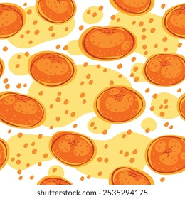 
Bright seamless vector pattern with tangerines on a background of large and small yellow spots.
